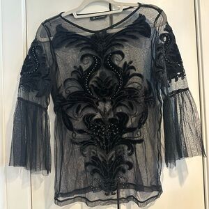 Black Sheer & Velvet Embroidered Top
